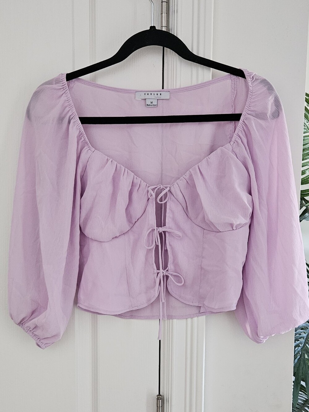 FAVLUX Pastel Lilac Puff-Sleeve Tie-Front Crop Top